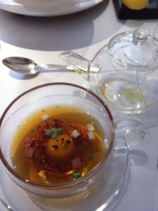 The gold-flecked mock turtle soup, amazing with Amontillado
